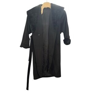 Vintage Lorovi Black Faux Fur Trim Belted Long Coat Women Winter Warm READ